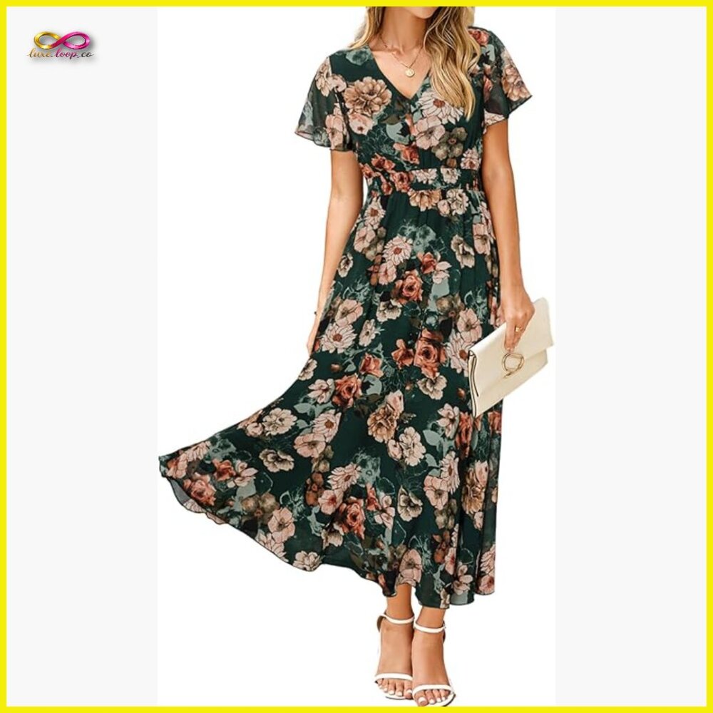 Floral Maxi Dress Boho Summer Wedding Guest V-Neck Empire Waist Chiffon